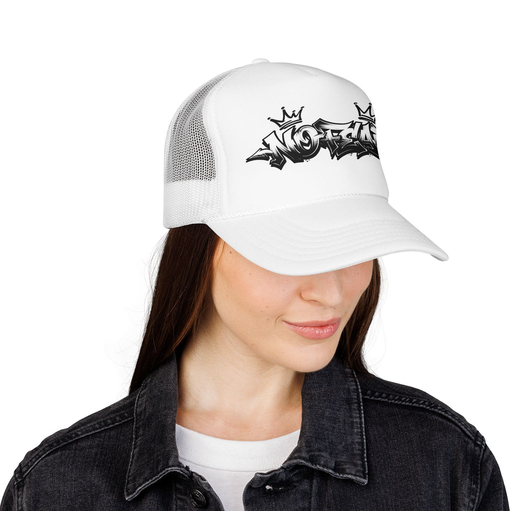 Graffiti 'No Fear' Trucker Hat — White Foam Mesh Cap