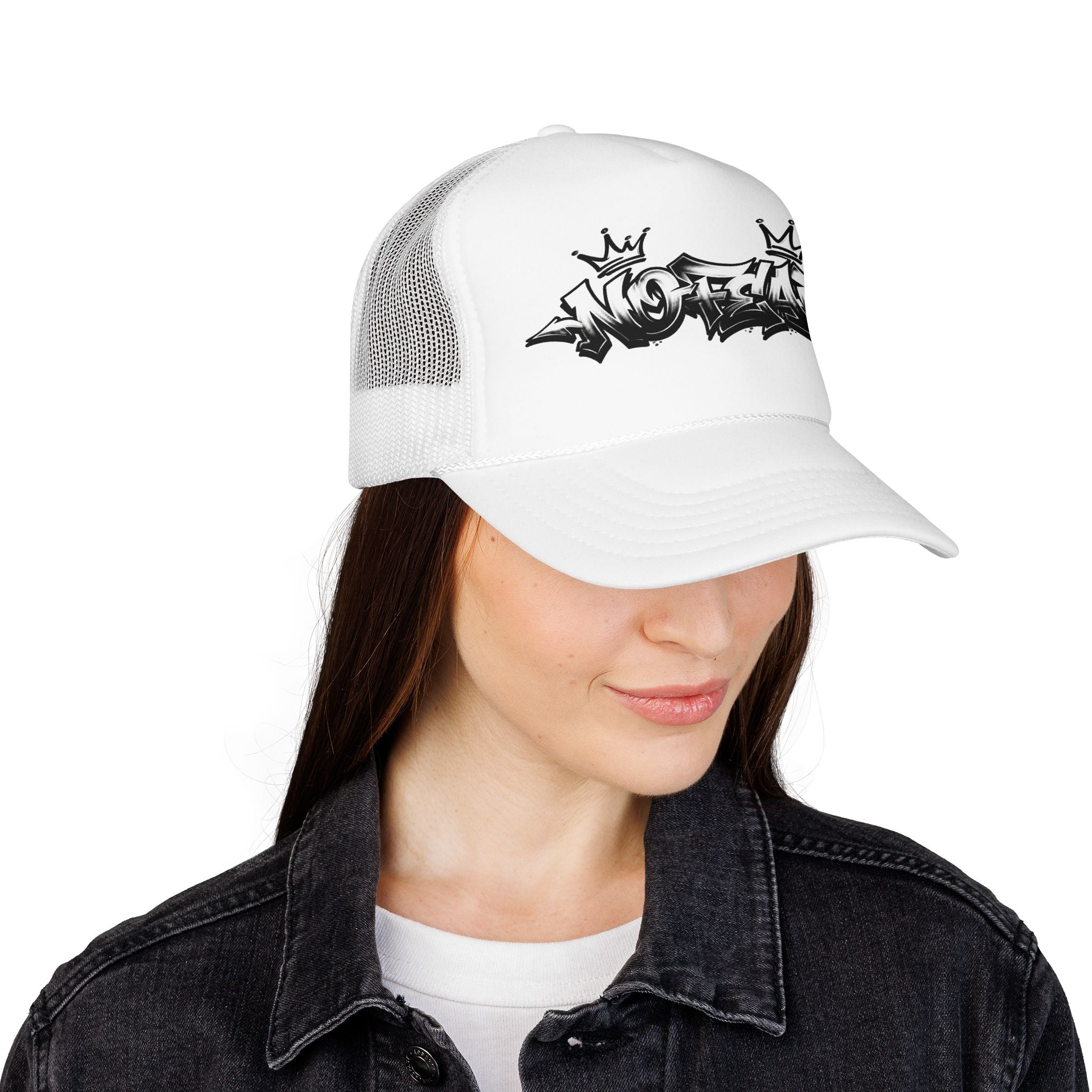 Graffiti 'No Fear' Trucker Hat — White Foam Mesh Cap