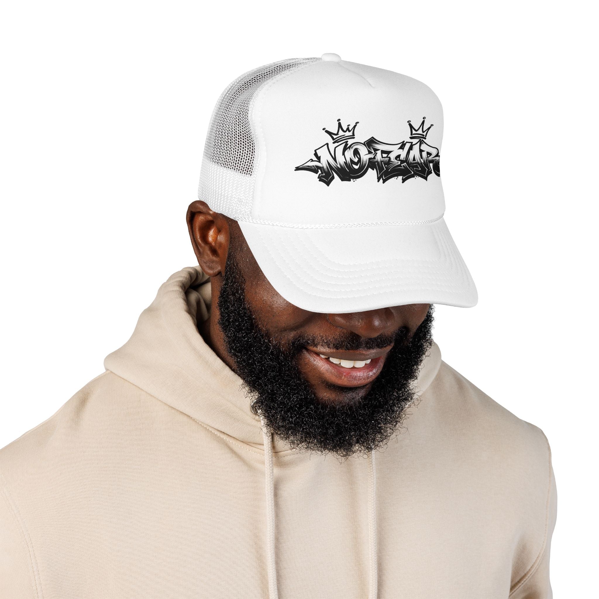 Graffiti 'No Fear' Trucker Hat — White Foam Mesh Cap